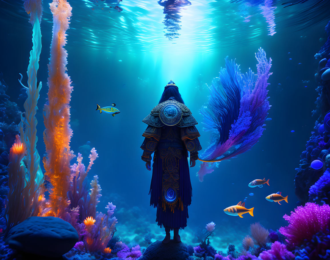 Colorful Fish and Corals Surround Figure in Ornate Clothing on Underwater Ridge