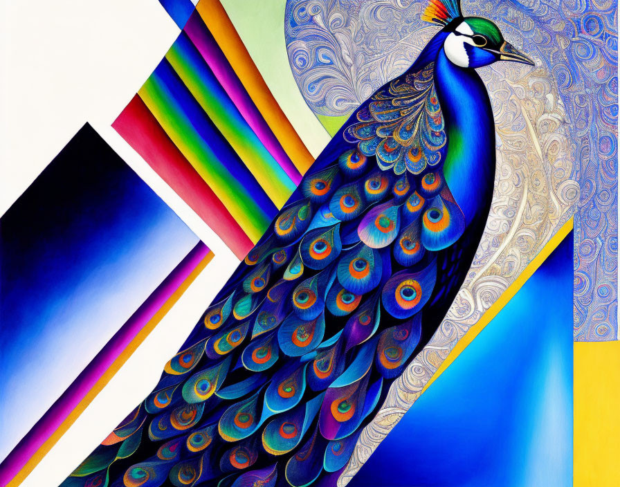 Vibrant peacock illustration on abstract rainbow background