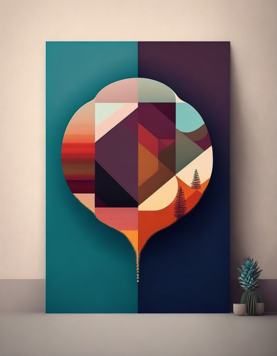 Geometric sunset over mountains and trees with potted plant.