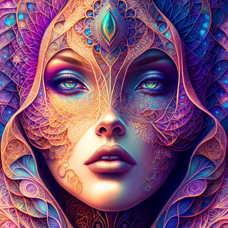 Colorful Woman's Face Illustration with Intricate Patterns & Jewels