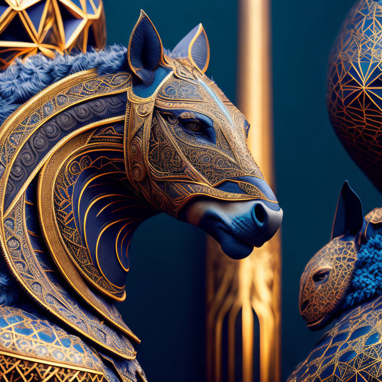 Intricate golden anubis-like statue with smaller companion on dark backdrop