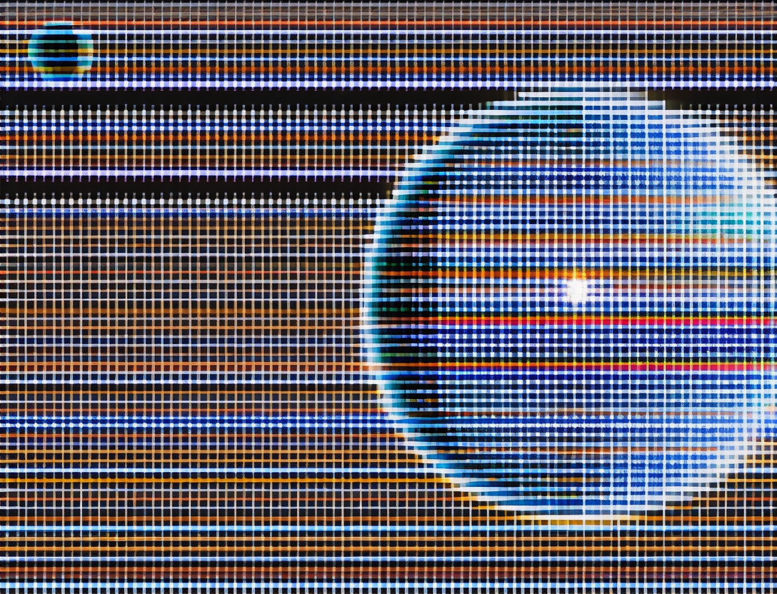 Distorted digital image with sphere and striated patterns in blue, orange, and black tones