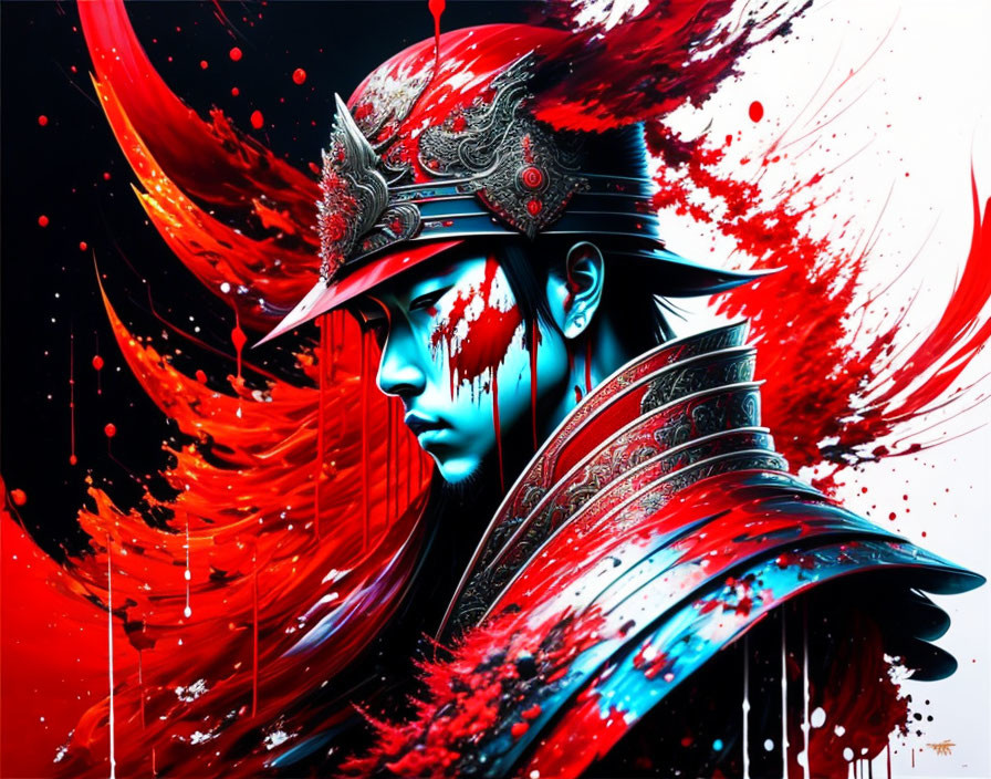 Profile portrait digital artwork: figure in red and blue armor with intricate helmet, against dynamic red backdrop.