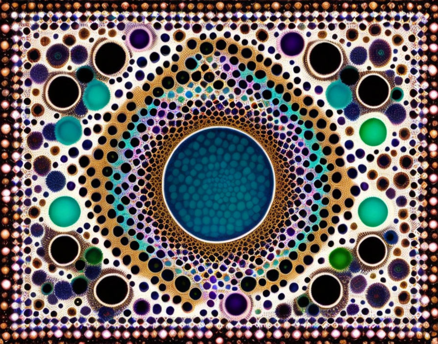 Vibrant digital fractal art with concentric circles in blue, green, purple, and brown