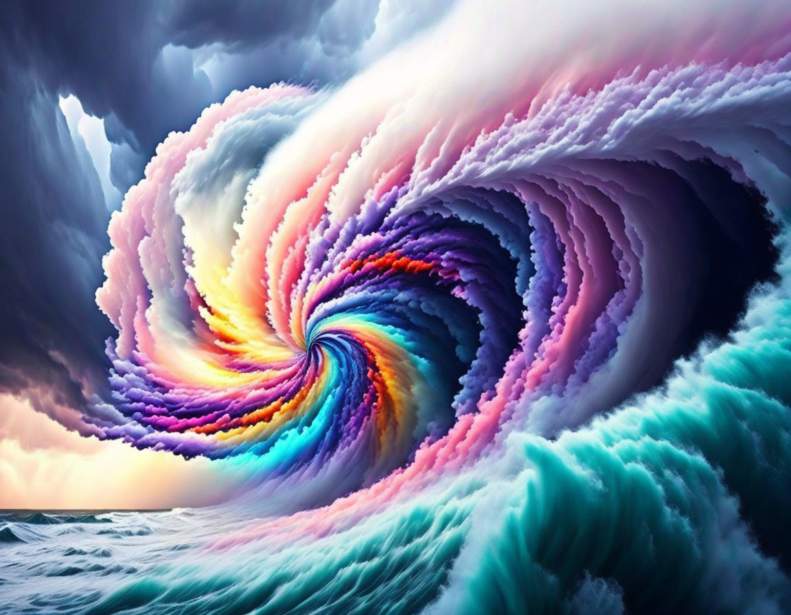 Surreal image: colorful vortex above ocean