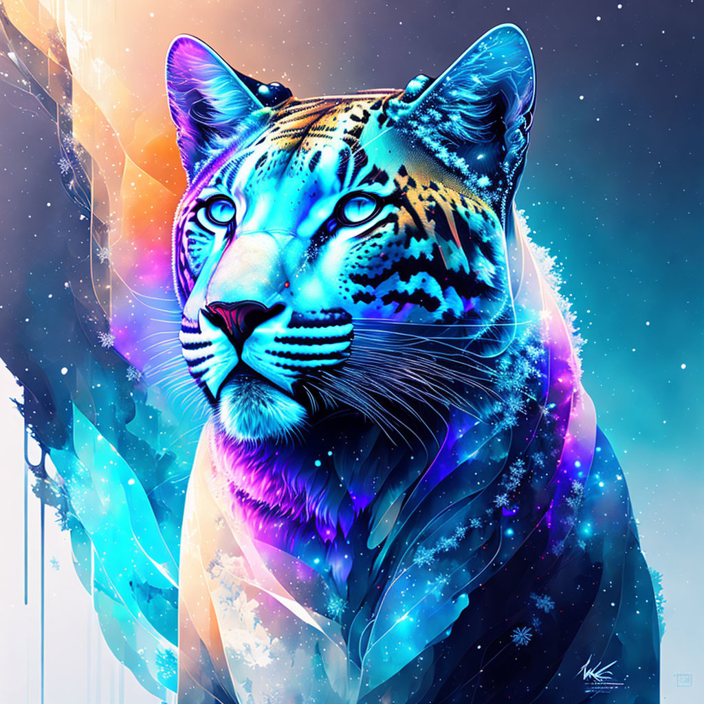 Colorful Snow Leopard Artwork with Cosmic Starry Theme