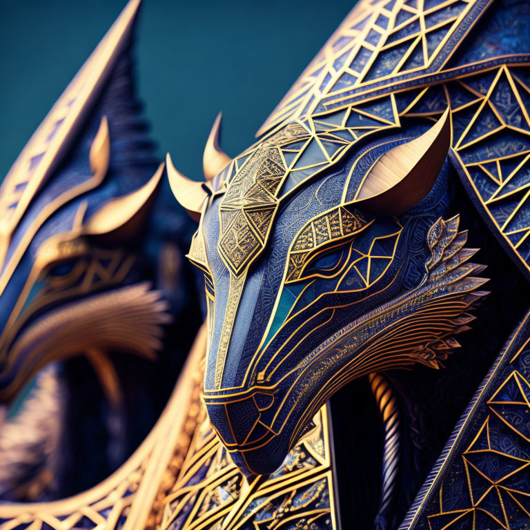 Metallic Dragon Sculpture with Sharp Horns and Teal Background