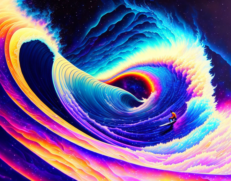 Colorful surreal digital art: person surfing cosmic wave in space