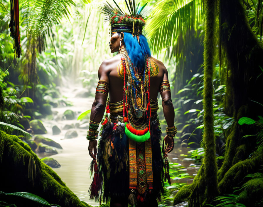 Colorful Tribal Attire Worn by Person in Tropical Forest