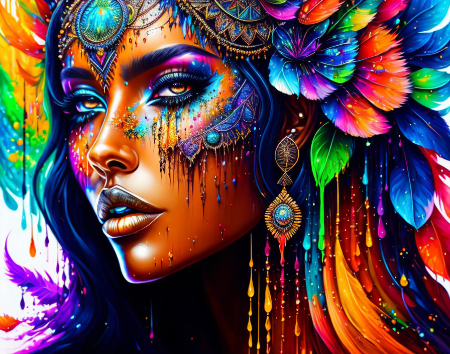 Colorful digital artwork featuring a woman in a feather headdress and intricate jewelry