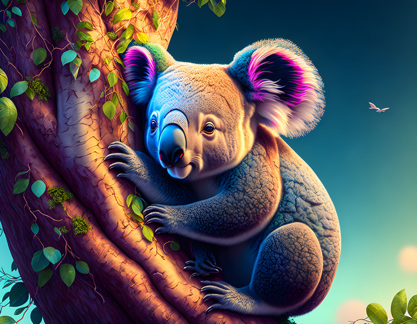 Colorful Koala Illustration Clinging to Tree Trunk Amid Green Foliage