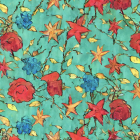 Colorful Floral Pattern with Red Roses, Blue Flowers, and Butterflies