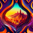 Colorful digital artwork: Mountains at sunset with abstract shapes and foliage