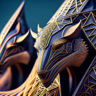 Metallic Dragon Sculpture with Sharp Horns and Teal Background