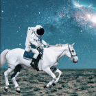 Person in spacesuit on white horse surrounded by futuristic machinery in surreal setting