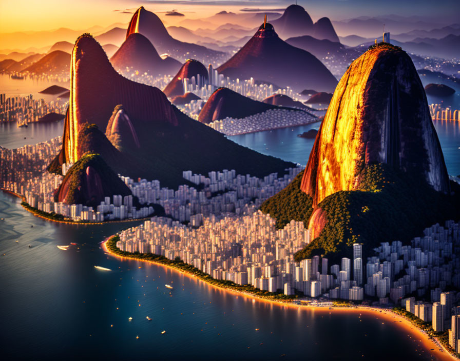 Panoramic coastal city skyline at sunset with mountains and warm sky