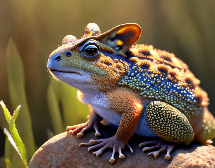 Vibrant frog with intricate patterns basking in golden sunlight