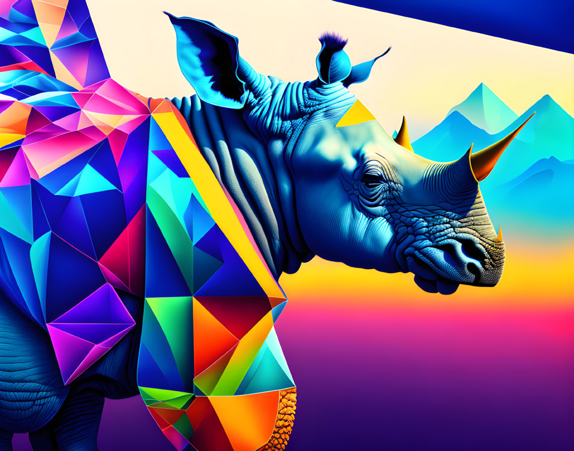 Colorful polygonal rhinoceros art in mountain landscape