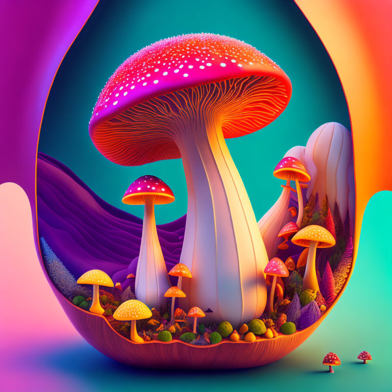 Fantasy mushrooms in neon colors on surreal backdrop