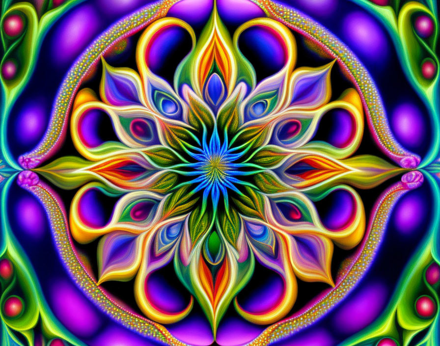 Symmetrical floral digital fractal art with vibrant blue, green, purple, and yellow hues