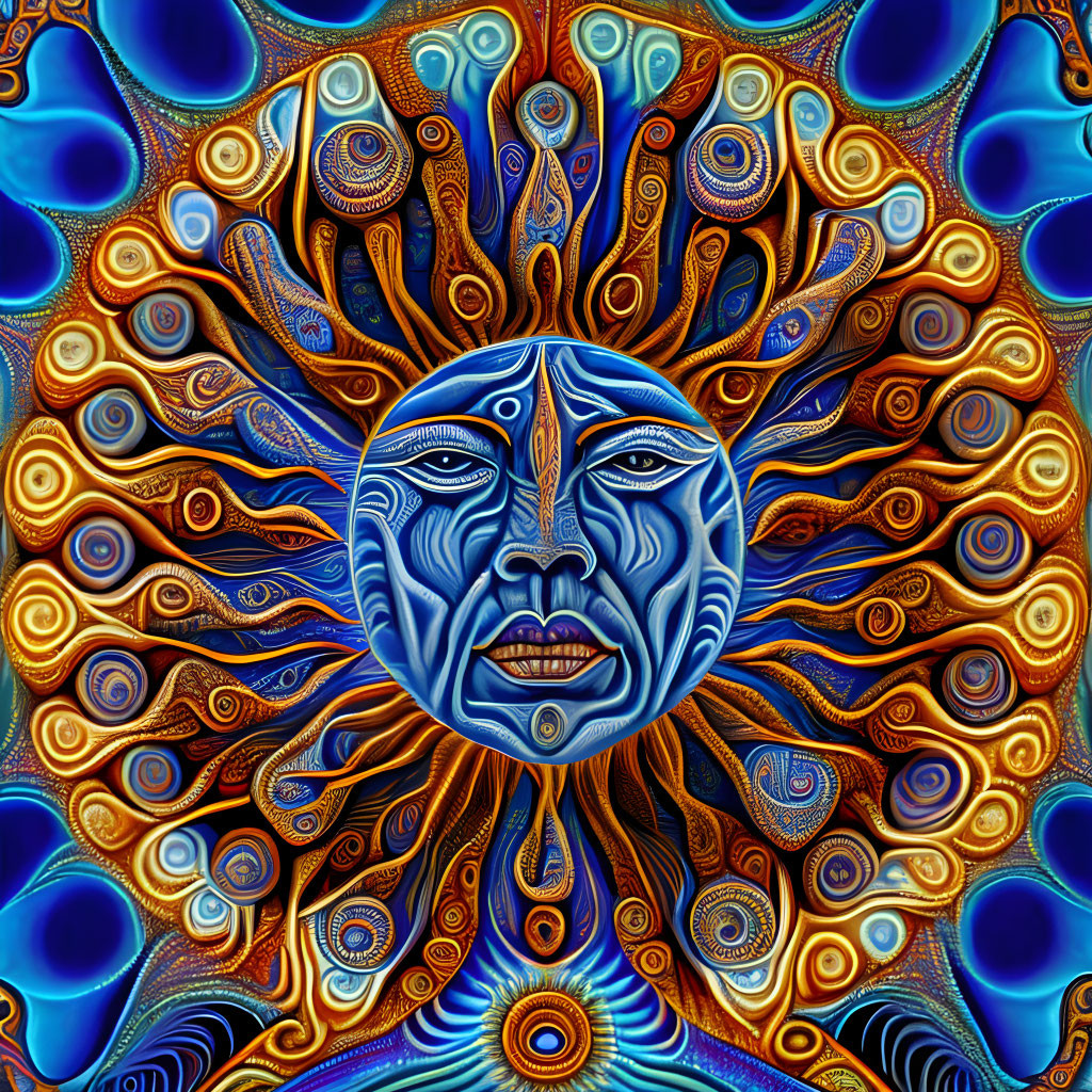 Colorful digital artwork: Blue face with swirling patterns