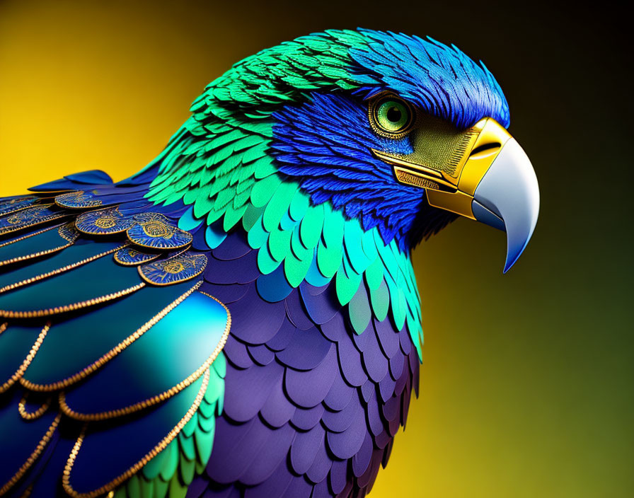 Colorful Parrot Digital Artwork with Intricate Patterns in Blue, Green, and Yellow