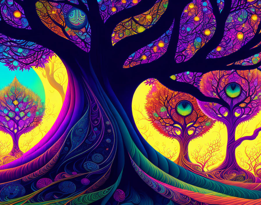 Colorful psychedelic landscape with stylized trees and swirling patterns