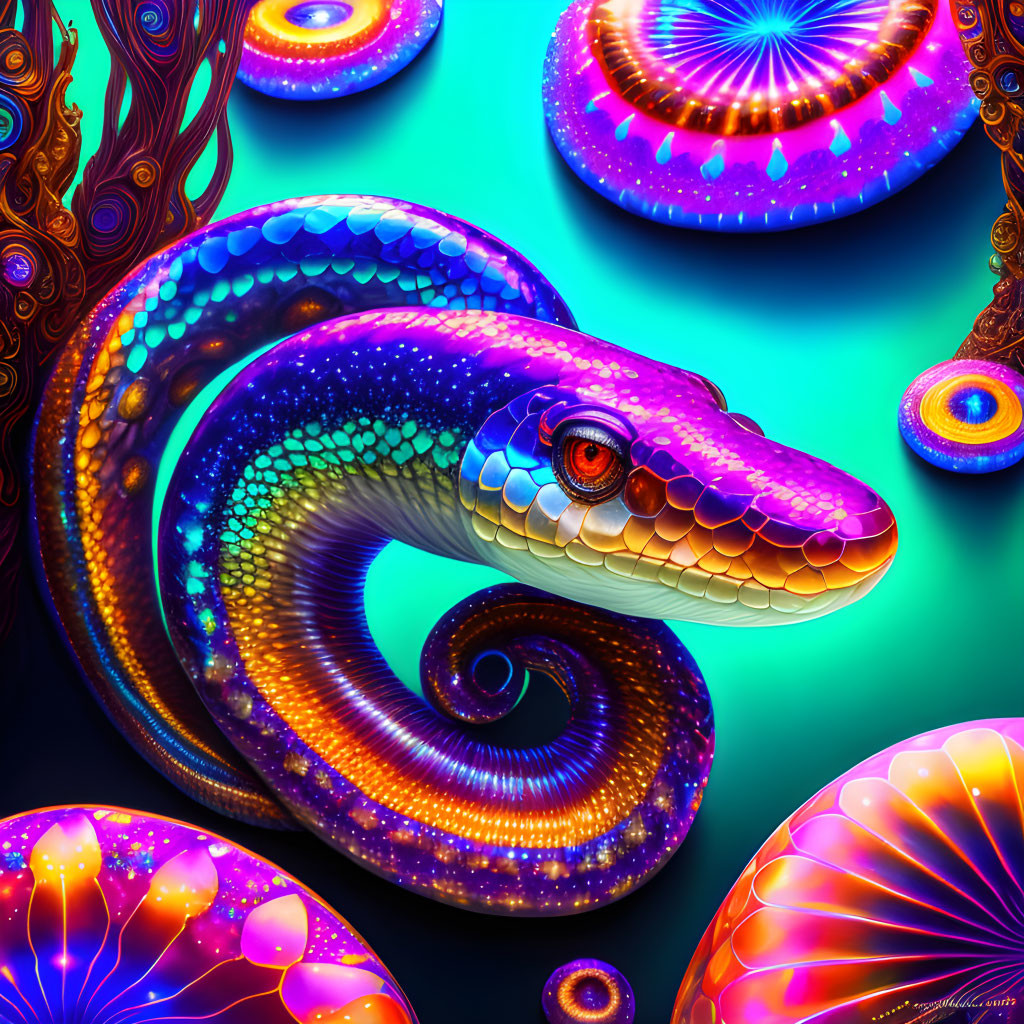 Colorful Stylized Snake Artwork with Iridescent Scales and Bioluminescent Plants