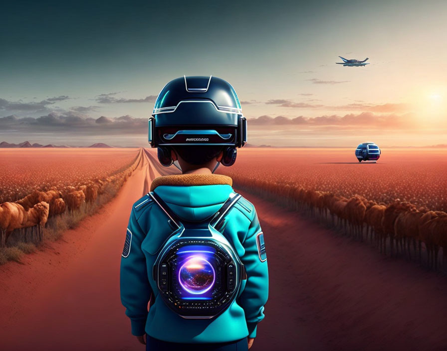 Child in futuristic helmet on rural road at dusk with hovering vehicle and airplane