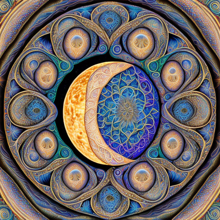 Colorful Mandala Fractal Art with Central Orb and Intricate Patterns