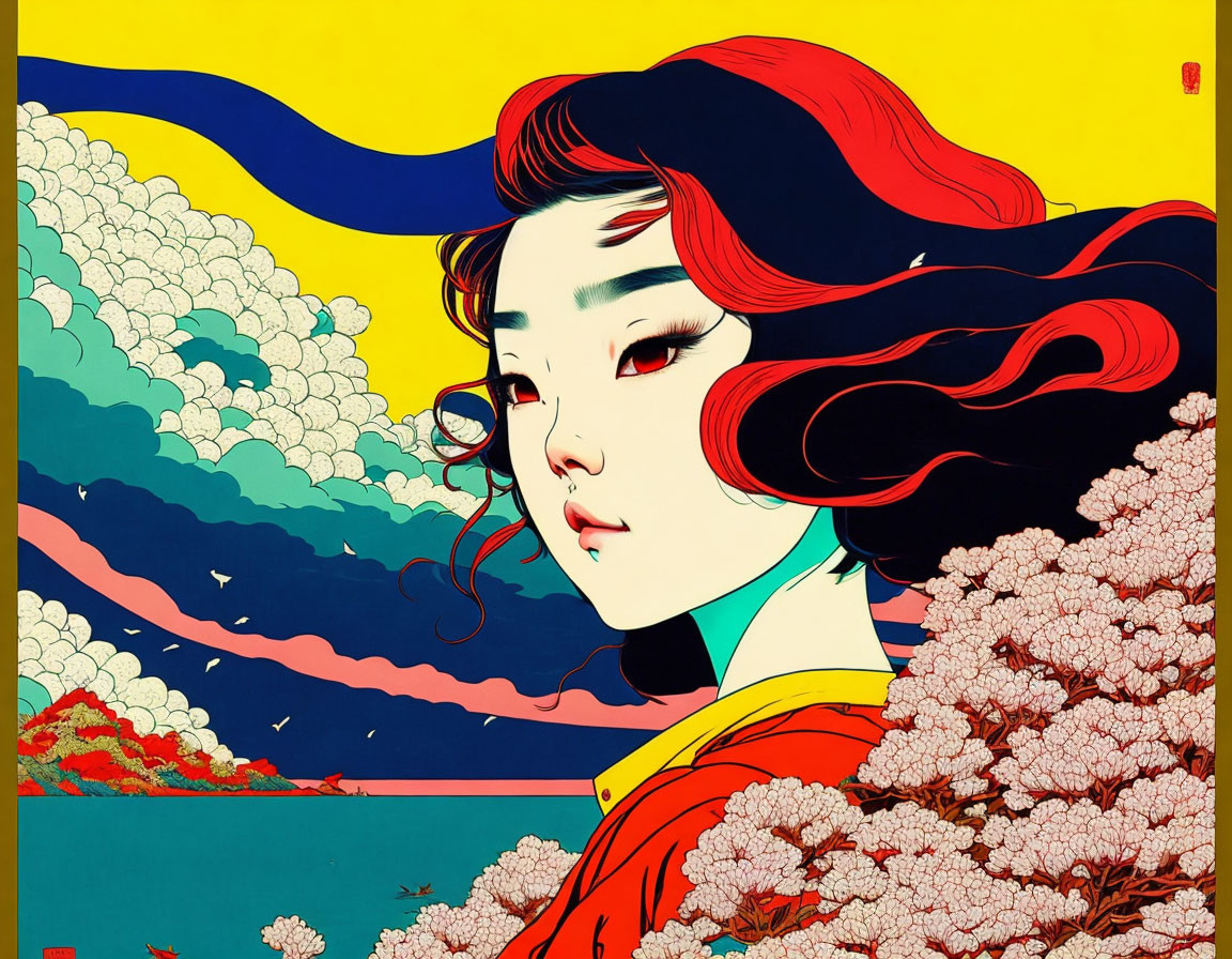 Vibrant illustration of woman with red and black hair in traditional attire against yellow backdrop with blue waves