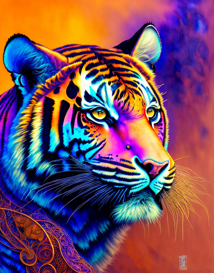 Colorful Tiger Digital Artwork with Blues, Oranges, and Purples