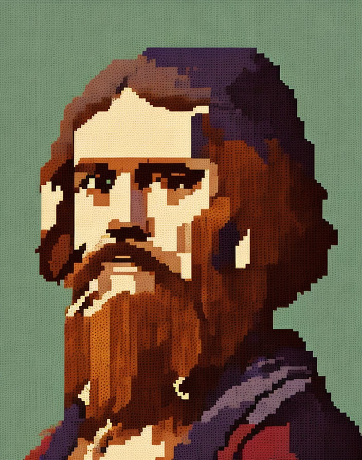 Bearded man with long hair in blue pixel art