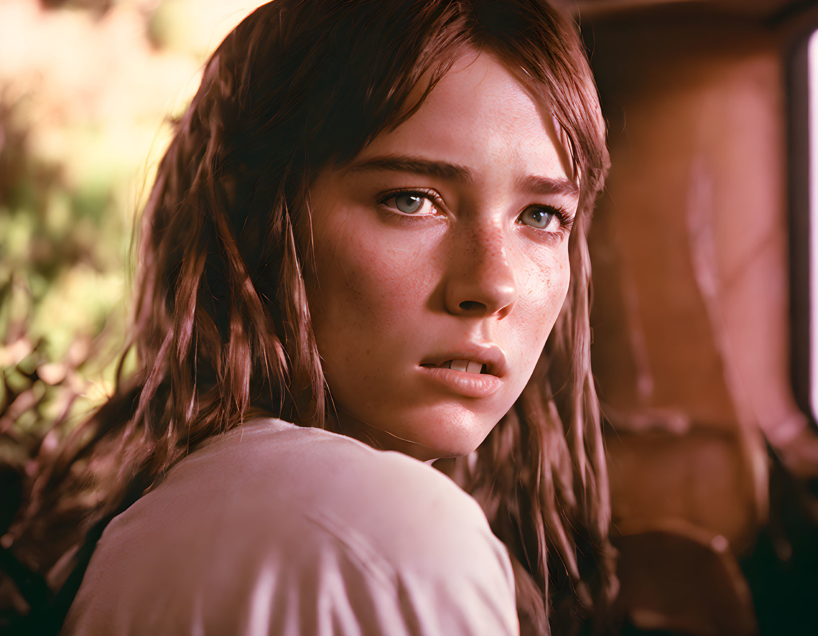 Portrait of a girl with braided hair and freckles in white shirt