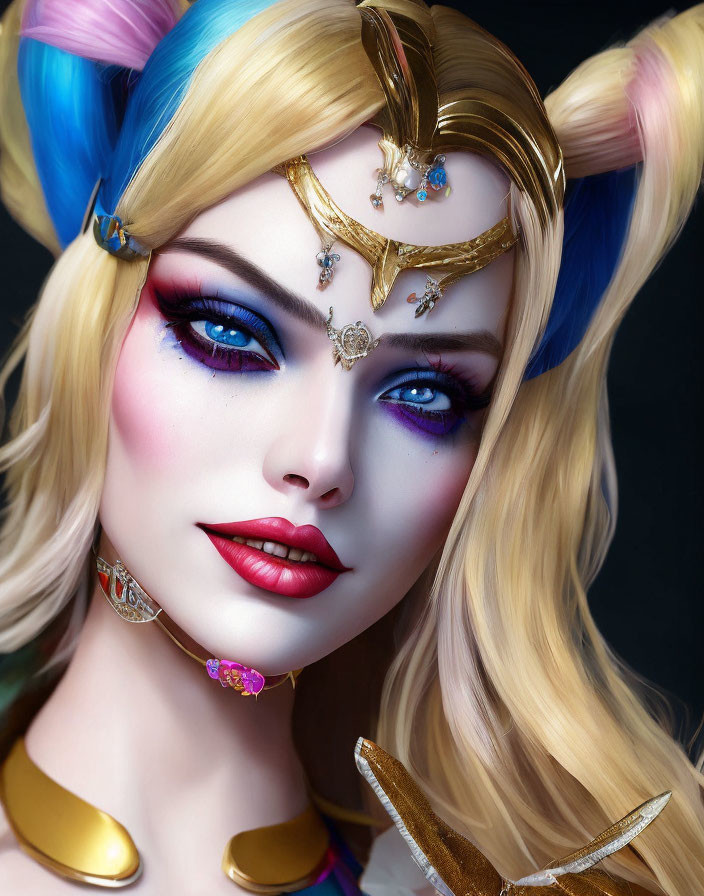 Detailed digital portrait of woman with blue eyes, golden tiara, earrings, and colorful makeup