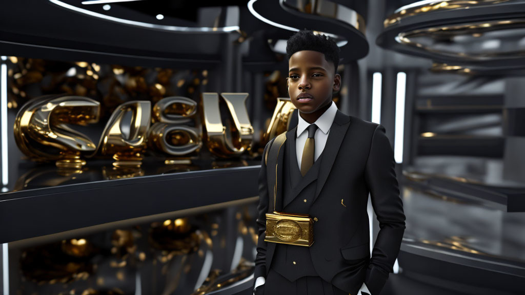 Stylish young person in black suit with gold-plated belt in luxurious interior with "Cash