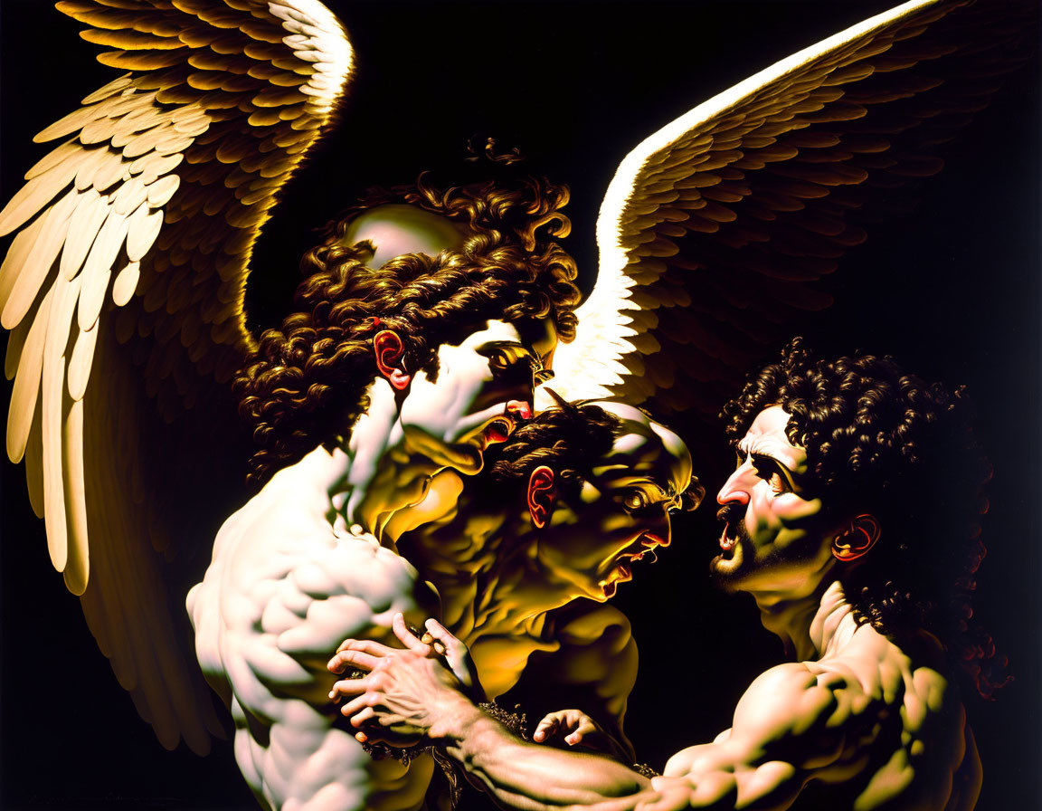 Three muscular figures with angelic wings in dramatic encounter on dark background