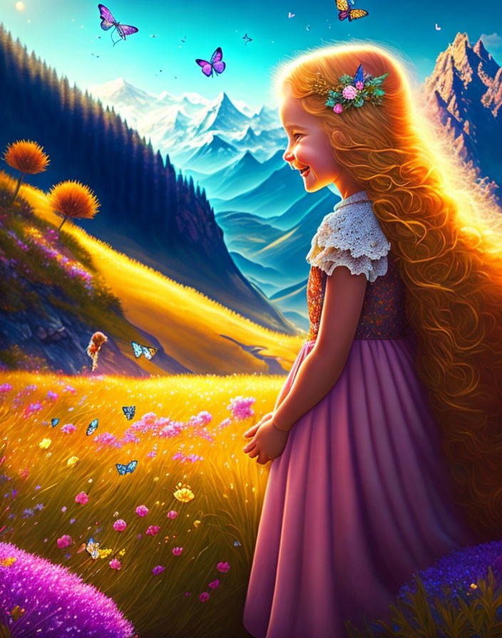 Young girl in pink dress in vibrant meadow with sunflowers and butterflies.