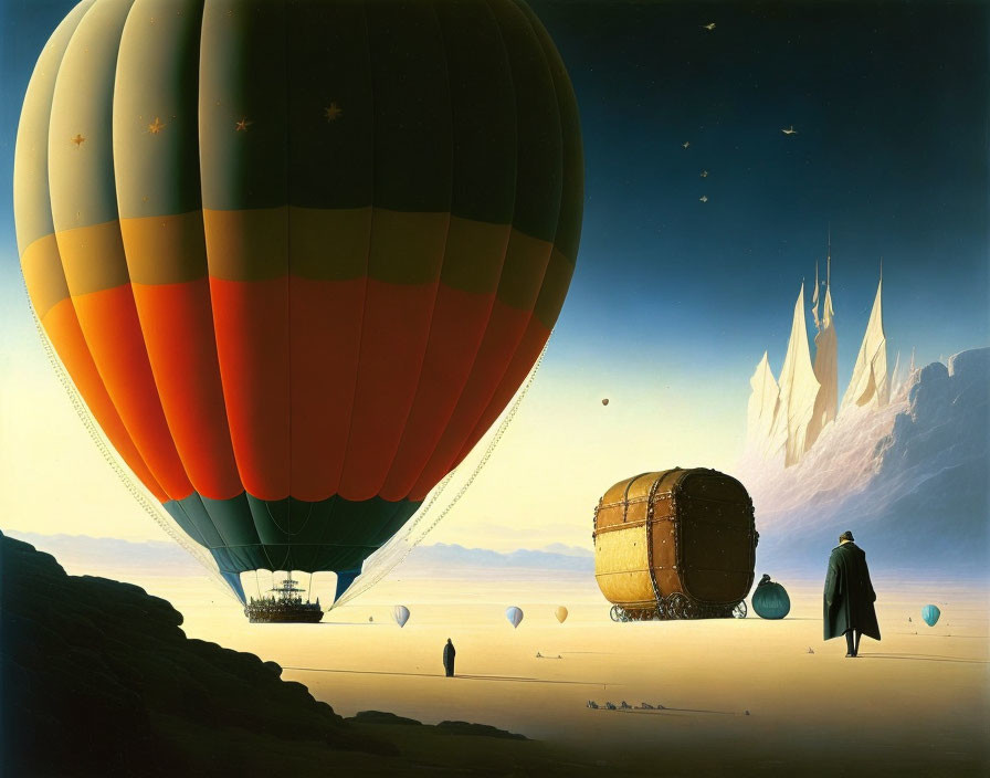 Desert landscape with hot air balloon, figures, castle, and surreal atmosphere