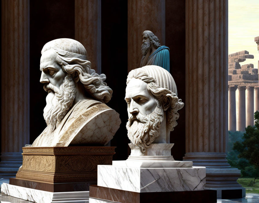 Classical statues of bearded male figures with temple and clear sky