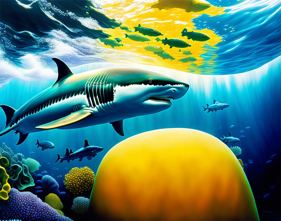 Colorful Underwater Shark Scene with Fish and Coral Reef