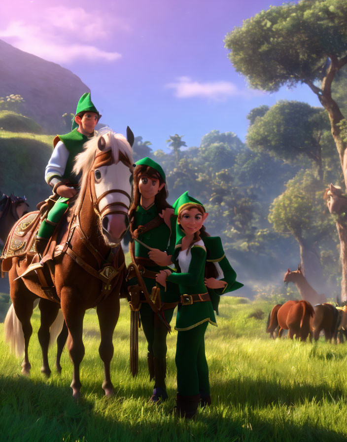 Three animated elves in a forest clearing with a horse, dressed in green outfits