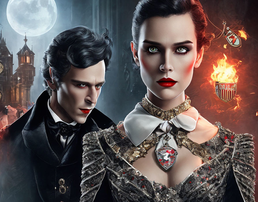 Stylized gothic vampire portrait with castle and full moon