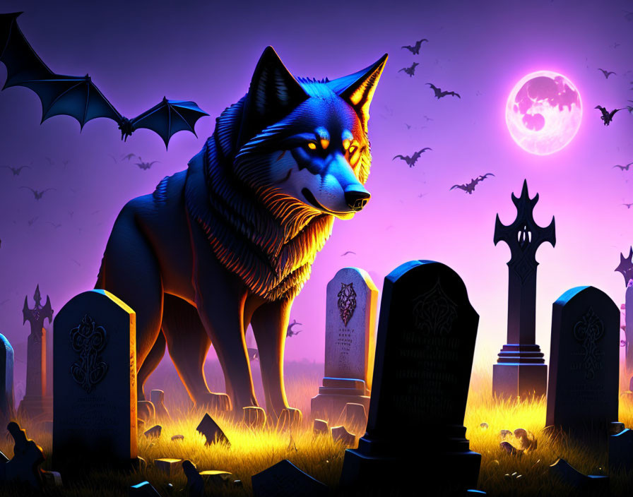 Stylized wolf in cemetery with gravestones, bats, full moon