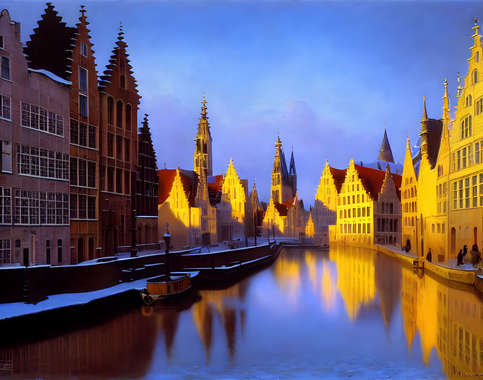 European Town Twilight Scene with Historic Buildings, Canal Reflection, Boat, and Snow Banks