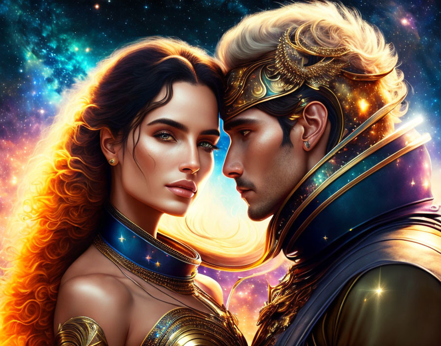 Futuristic cosmic digital art of man and woman in ornate armor