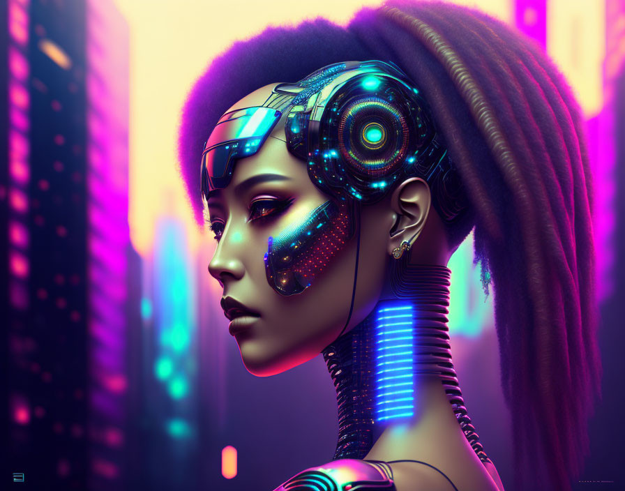 Female Cyborg with Afro and Detailed Mechanical Parts in Neon City Lights