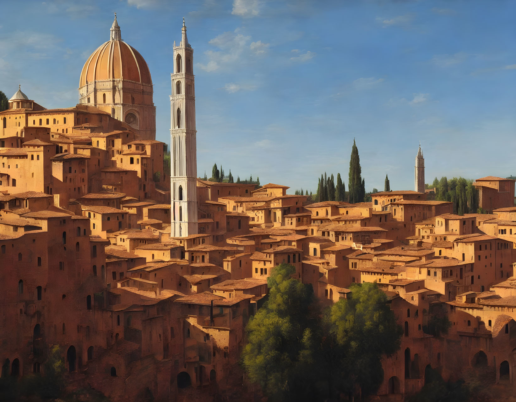 Tranquil townscape with terracotta rooftops and cathedral dome