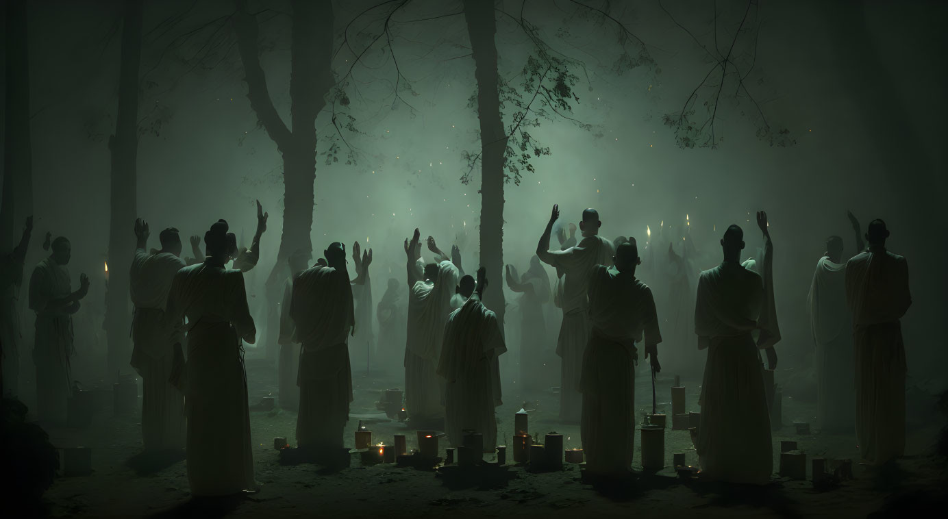 Robed figures in misty forest at night with candles