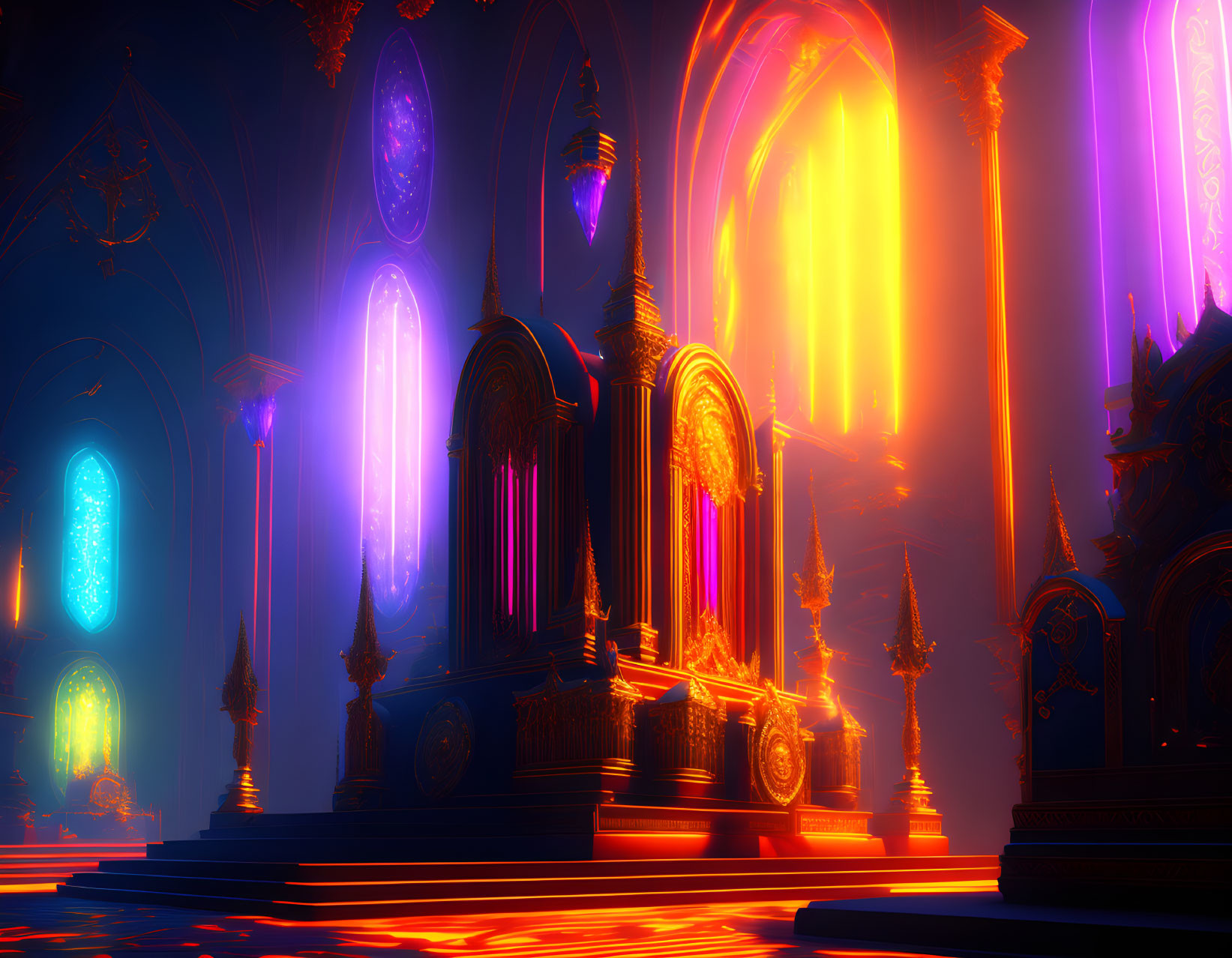 Futuristic cathedral digital artwork with neon windows & golden hues